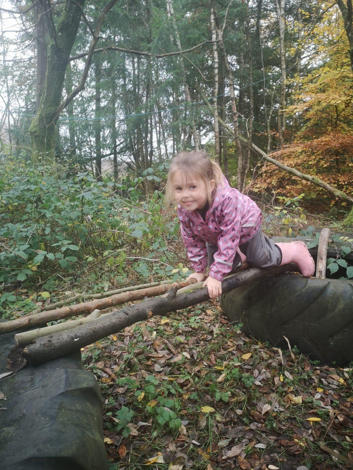 Young girl with a pink camouflage jacket and gray pants crawling on a makeshift wooden bridge in a forested area during autumn.