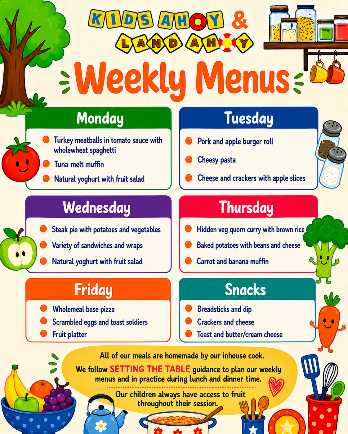 Weekly kid's lunch menu with colorful illustrations. Monday features turkey meatballs, tuna muffin, and yogurt salad. Tuesday offers pork burger, cheesy pasta, and cheese crackers. Wednesday includes steak with potatoes, sandwiches, and yogurt. Thursday has vegetable curry, baked potatoes, and carrot muffin. Friday serves pizza, eggs, and fruit. Snacks include dip, crackers, and cheese. The menu is decorated with cartoon vegetables, fruits, and kitchen items.