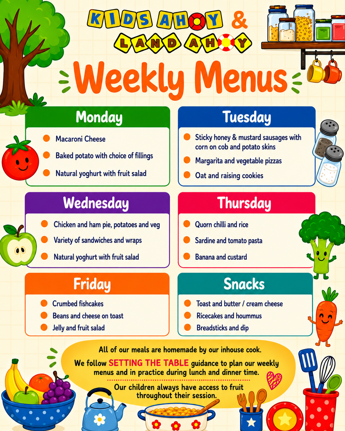 Weekly kids meal menu with colorful illustrations of fruits, vegetables, and kitchen items, listing meals for each day of the week and snacks, from Monday to Friday.