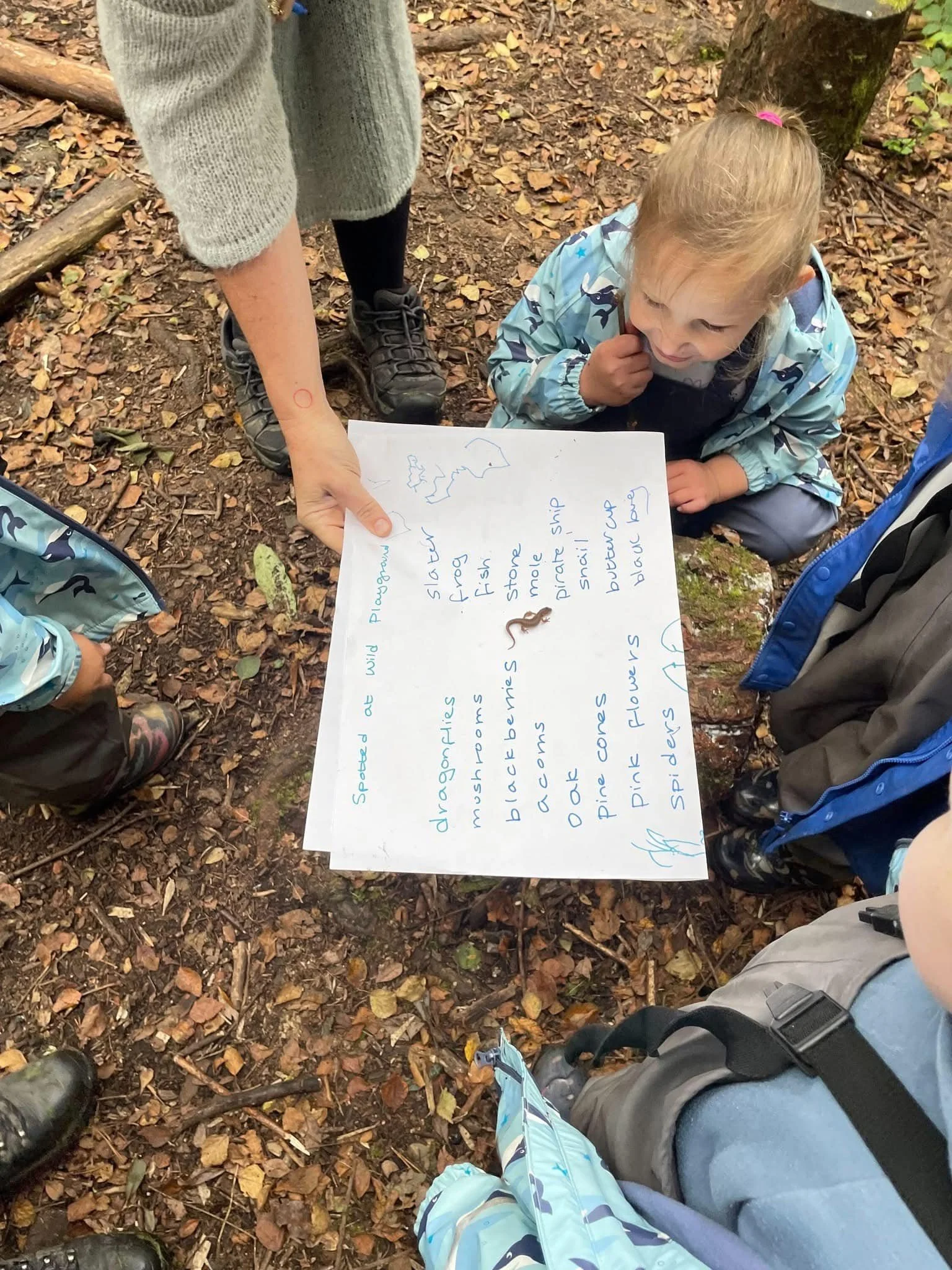 A child crouched on the ground in a forested area, looking at a large sheet of paper with handwritten notes about animals and their characteristics. An adult's arm is visible holding the paper, and several other people are partially visible around th