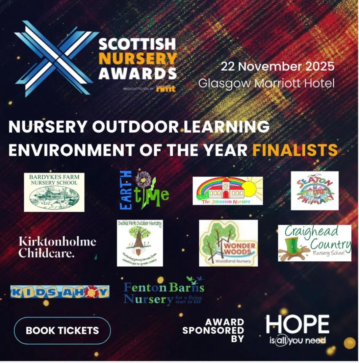 Announcement poster for the Scottish Nursery Awards 2025, held at Glasgow Marriott Hotel on November 22, 2025, featuring logos of nursery schools nominated for Nursery Outdoor Learning Environment of the Year, with options to book tickets and sponsorship by Hope.