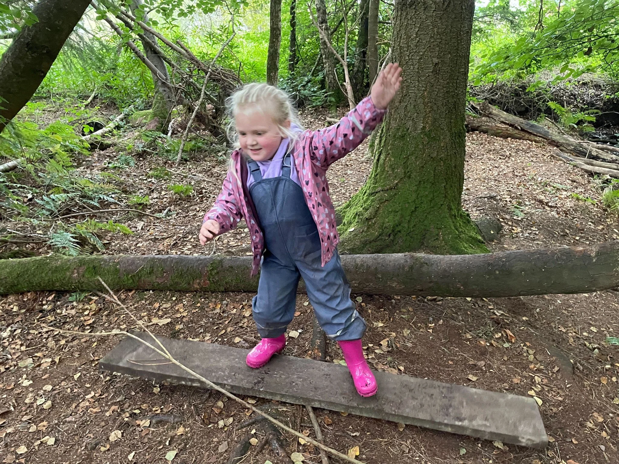 A young girl with blonde hair, wearing a pink jacket with purple hearts, purple hoodie, gray pants, and pink rain boots, balancing on a wooden plank in a forested area surrounded by trees and foliage.