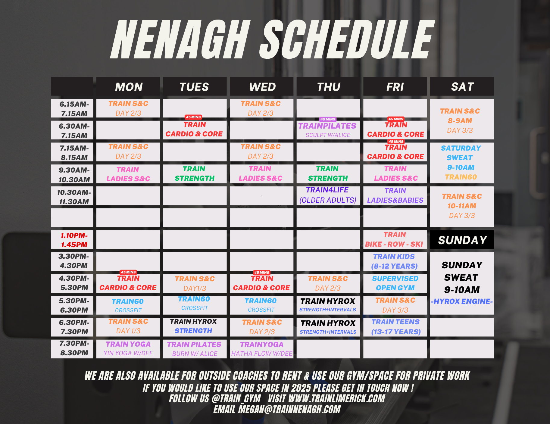 Weekly workout schedule for Nenagh Gym, displaying class times for each day including cardio, strength, yoga, pilates, and specialty classes. Days listed are Monday through Saturday, with Sunday marked as a rest day. Classes are scheduled mostly in the mornings and evenings, with some afternoons, and include various fitness activities.