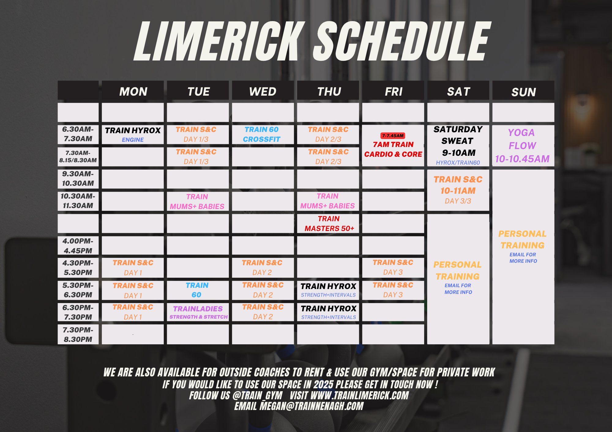 Weekly workout schedule for Limerick Fitness gym, with classes including Train Hyrox, Train S&C, Crossfit, Mums + Babies, Masters 50+, Yoga Flow, Personal Training, and others, organized by days and times.