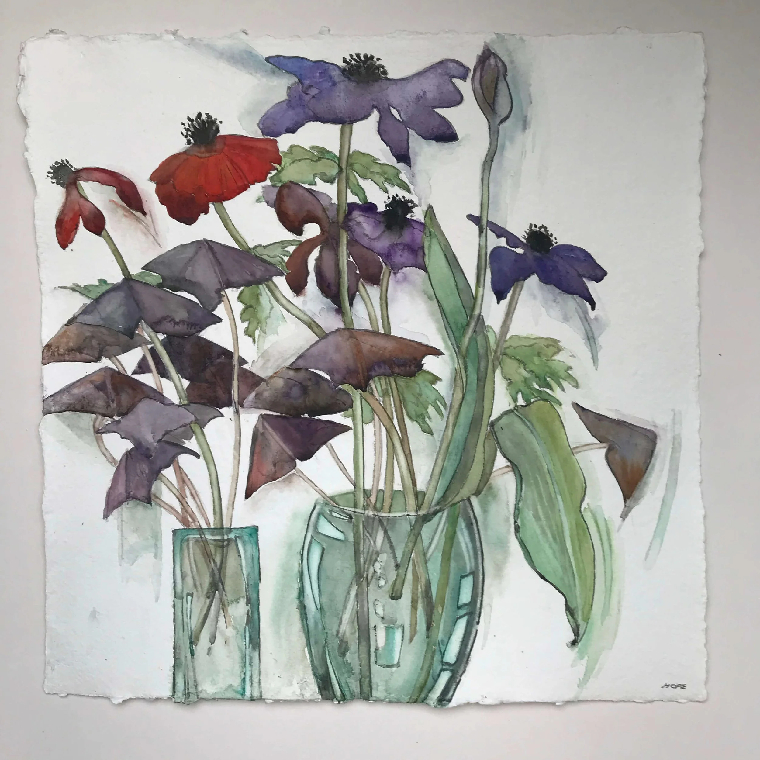 Water Colour and Ink flowers in a vase, painted by Sheila Hope