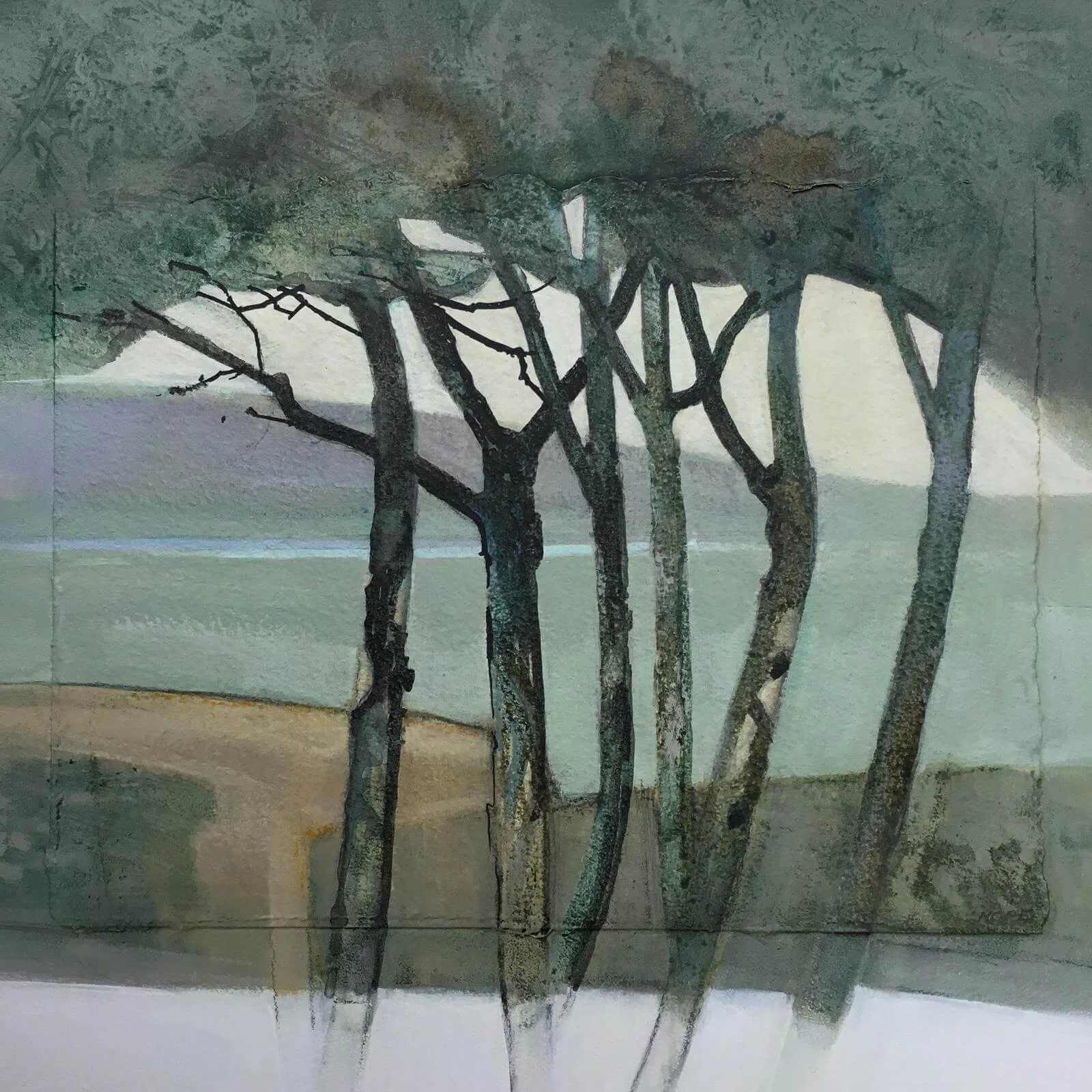 Solent Pines - 40 x 30 cms. Mixed Media
on birch panel. 🔴