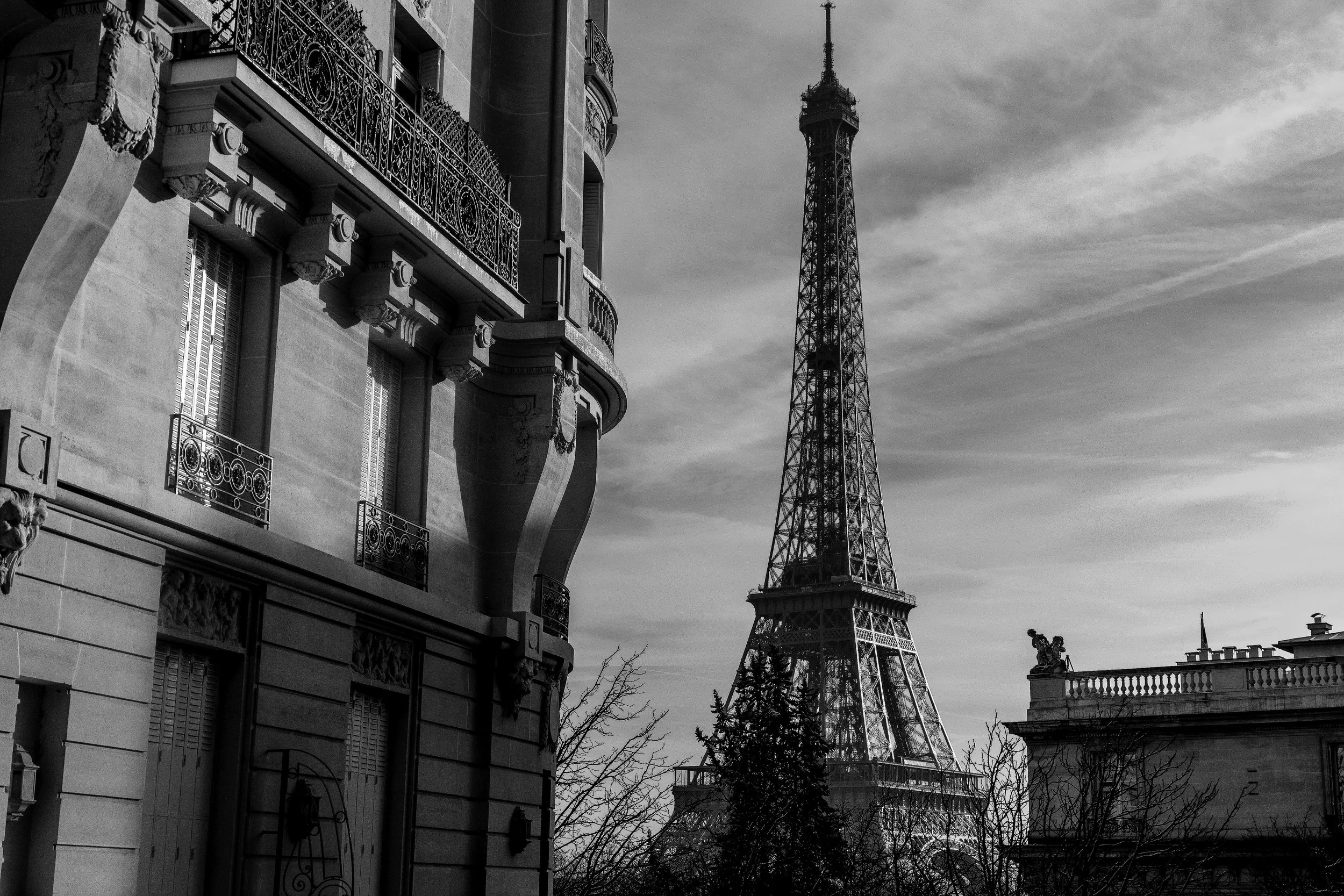 Black and white photo of the Eiffel Tower with nearby classic Parisian buildings and leafless trees in the foreground.