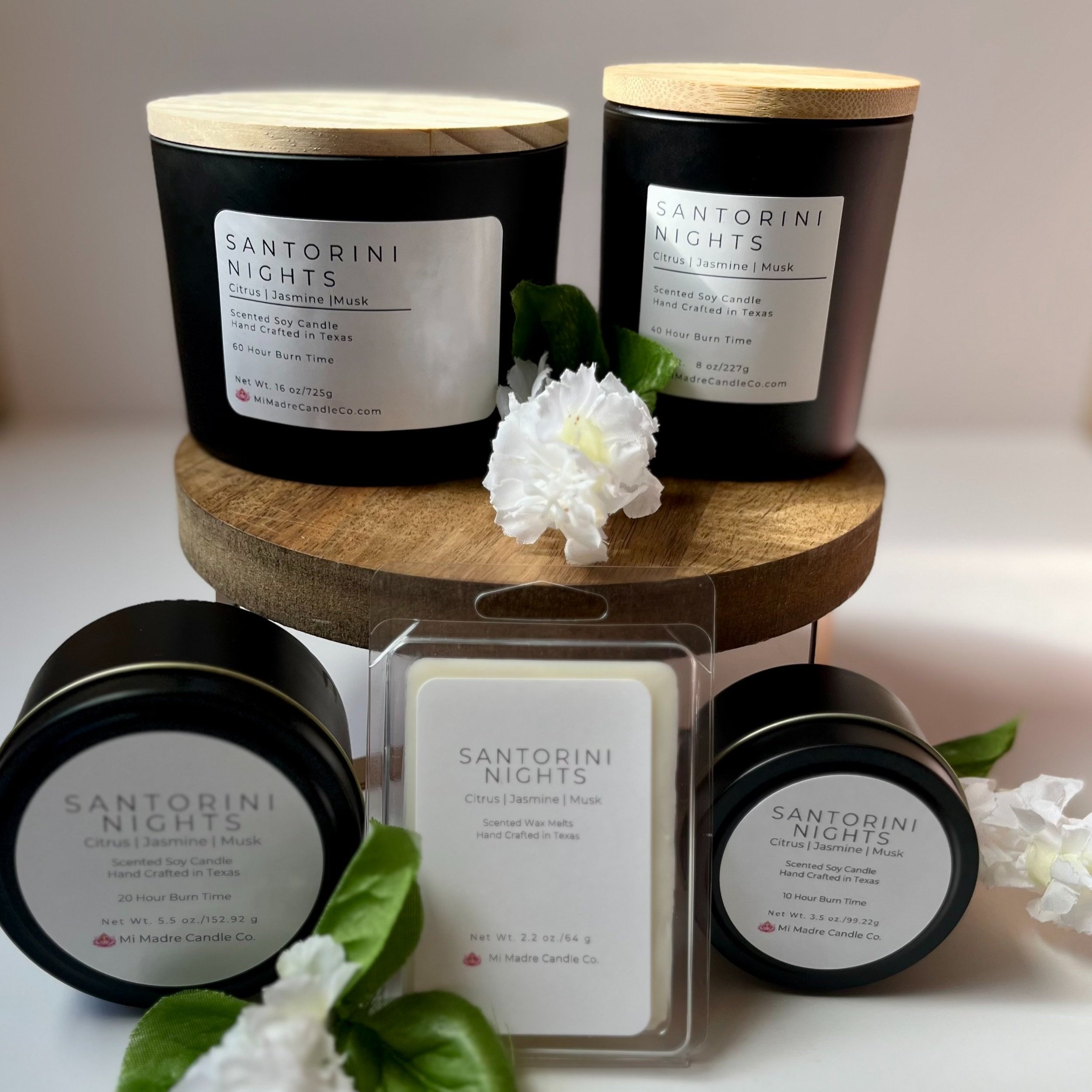 Santorini Nights candle by Mi Madre Candle Co., featuring fresh coastal notes inspired by the enchanting shores of Greece, perfect for a dreamy Mediterranean escape.