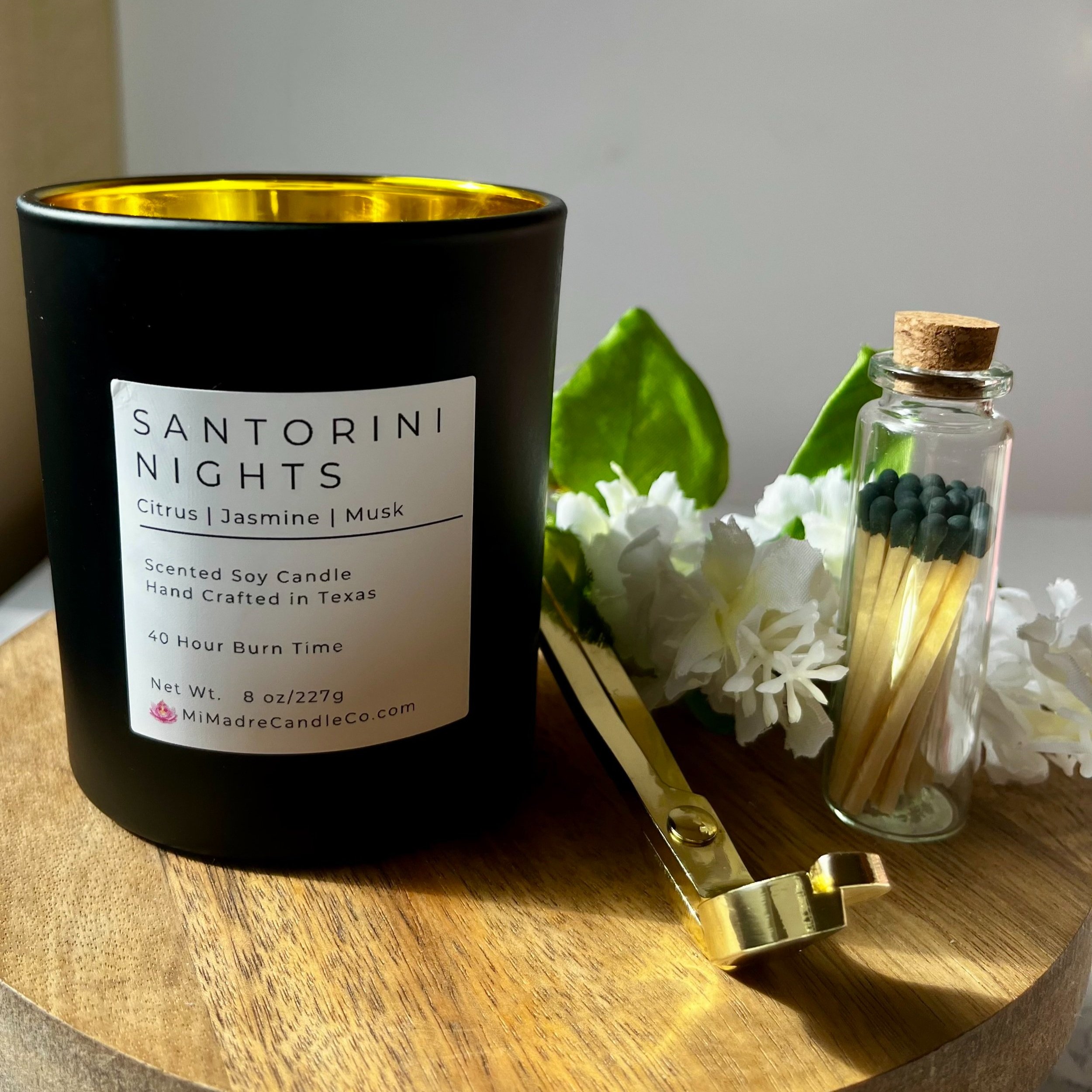 Santorini Nights candle by Mi Madre Candle Co., featuring fresh coastal notes inspired by the enchanting shores of Greece, perfect for a dreamy Mediterranean escape.