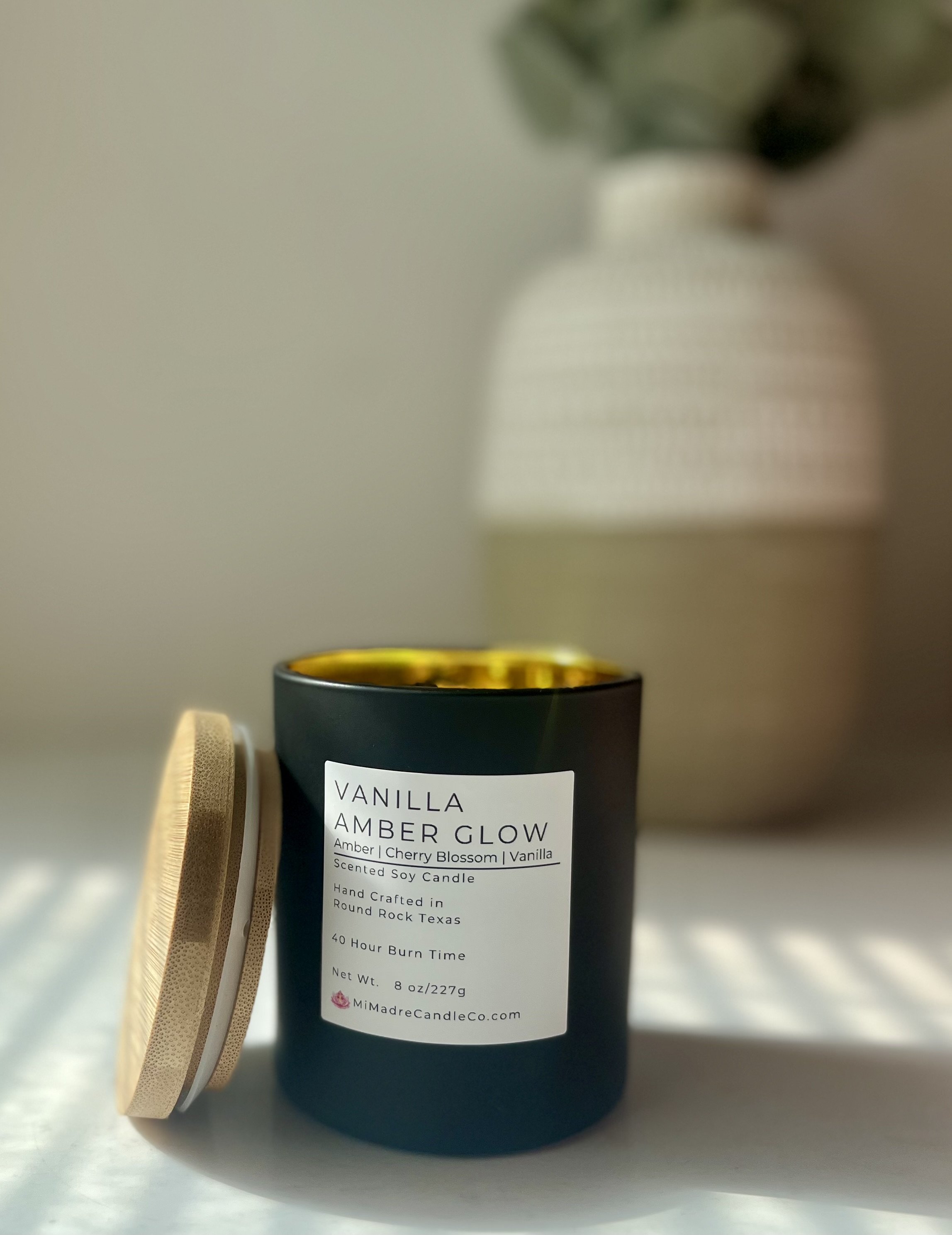 Mi Madre Candle Co. Vanilla Amber Glow candle with a warm, cozy blend of vanilla and golden amber