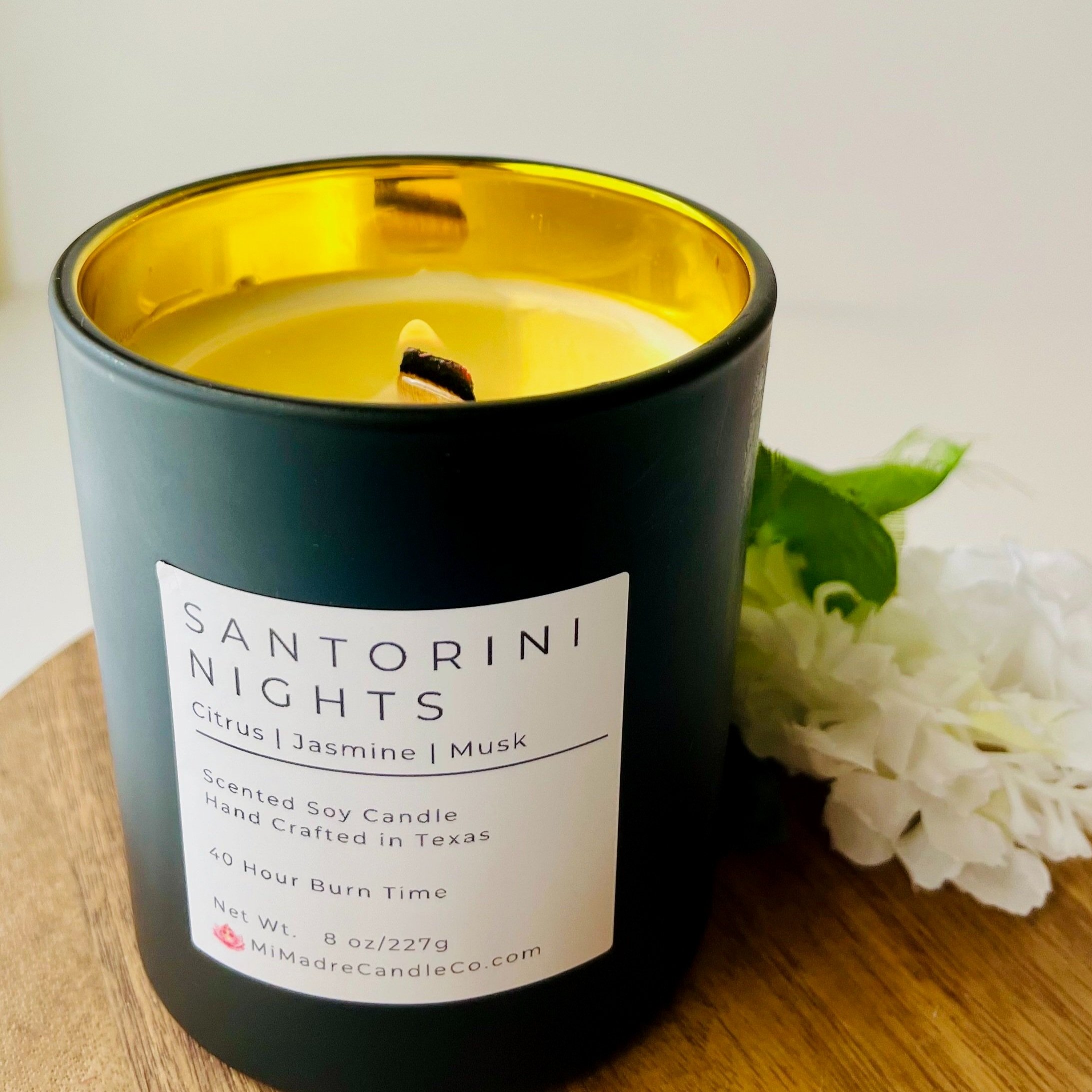 Santorini Nights candle by Mi Madre Candle Co., featuring fresh coastal notes inspired by the enchanting shores of Greece, perfect for a dreamy Mediterranean escape.