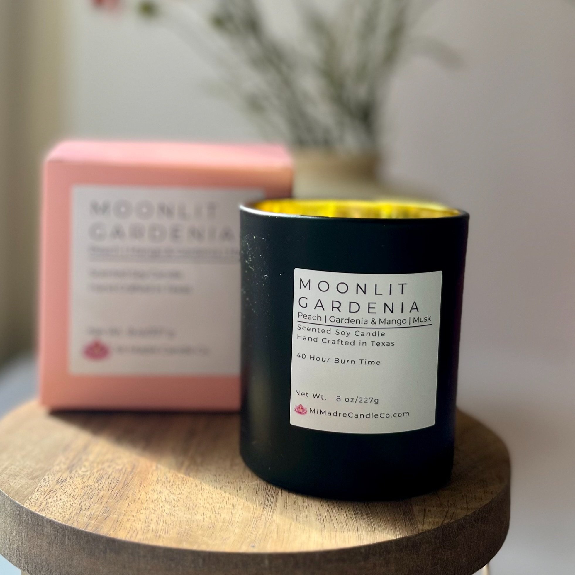 Moonlit Gardenia candle by Mi Madre Candle Co., featuring the enchanting scent of mango and gardenia, inspired by a serene moonlit stroll through a blooming garden.