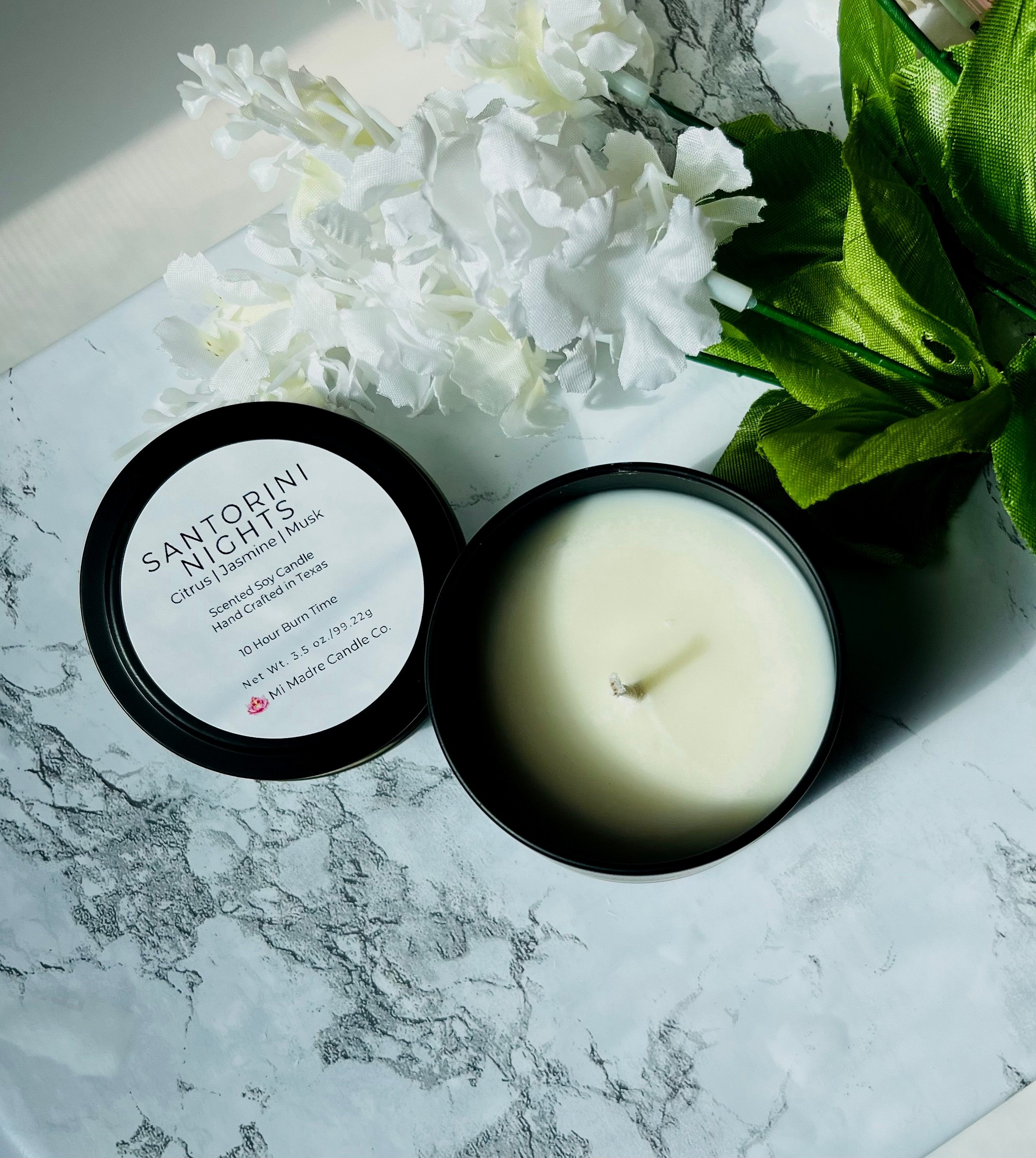 Santorini Nights candle by Mi Madre Candle Co., featuring fresh coastal notes inspired by the enchanting shores of Greece, perfect for a dreamy Mediterranean escape.