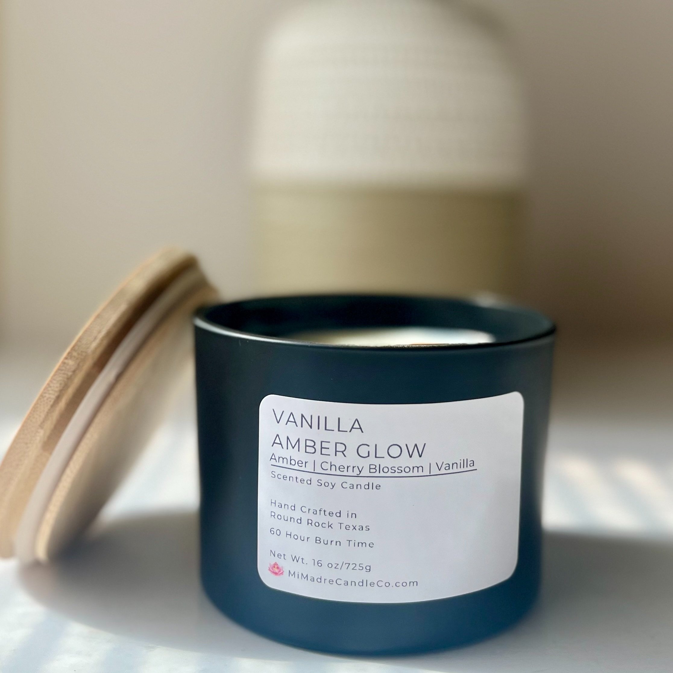 Mi Madre Candle Co. Vanilla Amber Glow candle with a warm, cozy blend of vanilla and golden amber