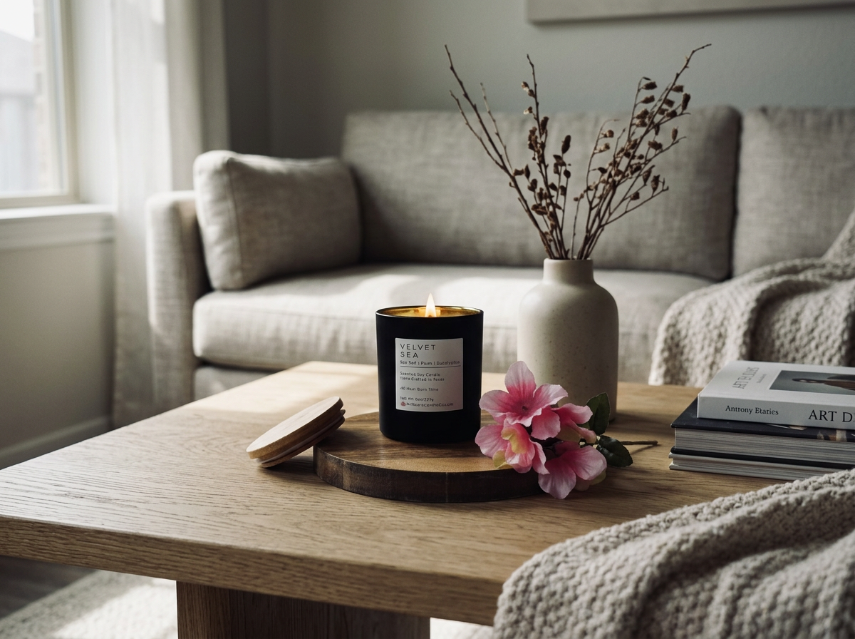 Velvet Sea in a black vessel with a wood wick on a neutral living room.wood wick