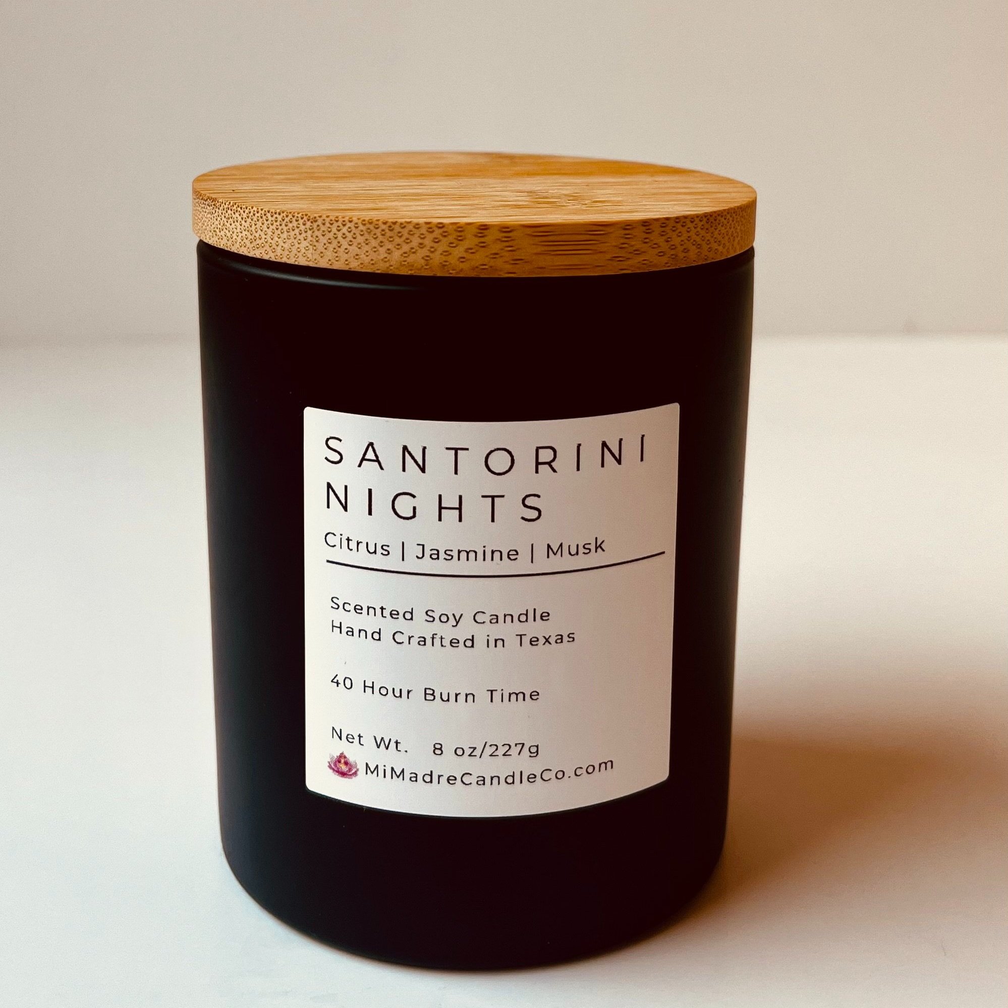 Santorini Nights candle by Mi Madre Candle Co., featuring fresh coastal notes inspired by the enchanting shores of Greece, perfect for a dreamy Mediterranean escape.