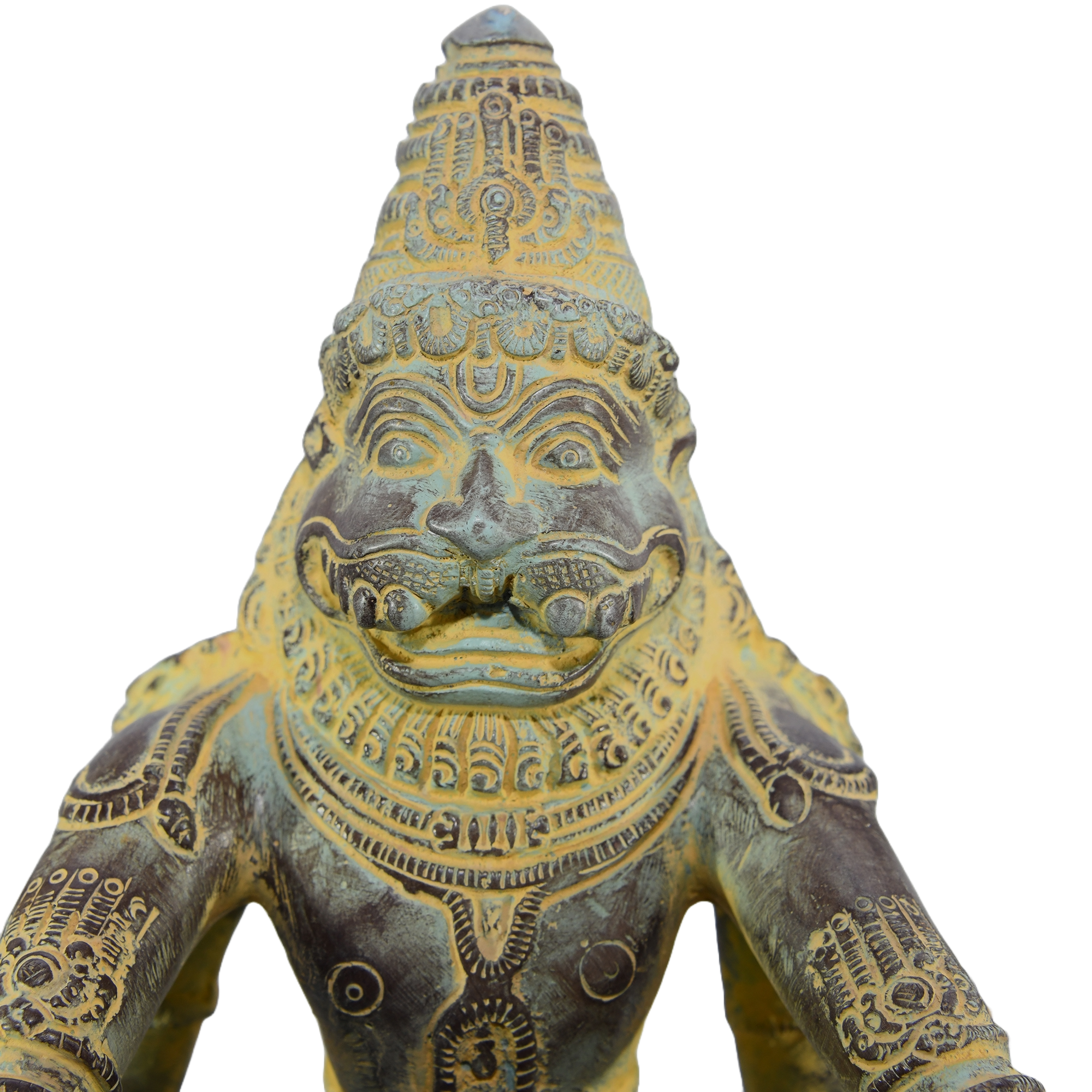 Antique Indian brass statue of Lord Narasimha, a Hindu deity depicted as half man, half lion.