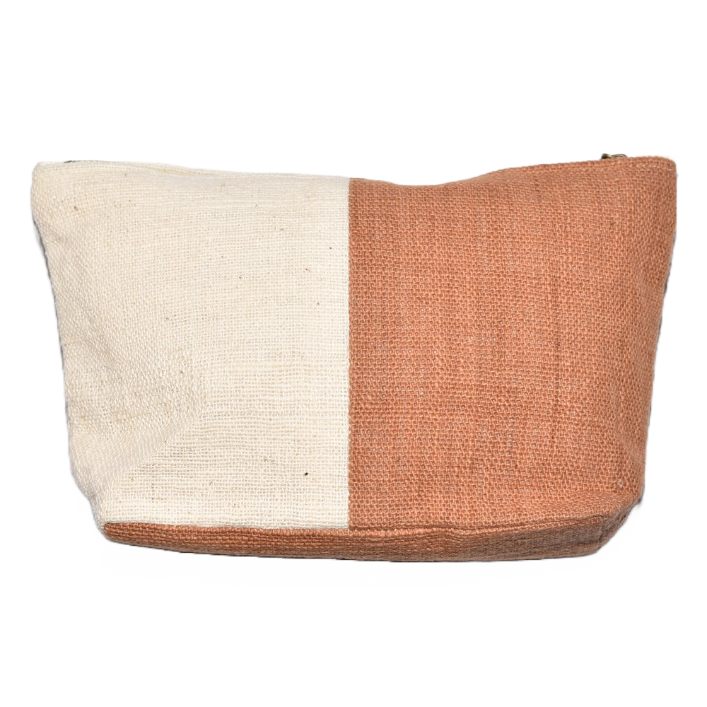 Hand-spun, hand-dyed, and hand-woven organic cotton makeup bag in white and brown, with a zip at the top. Measures 22cm L x 14cm H x 7cm W.