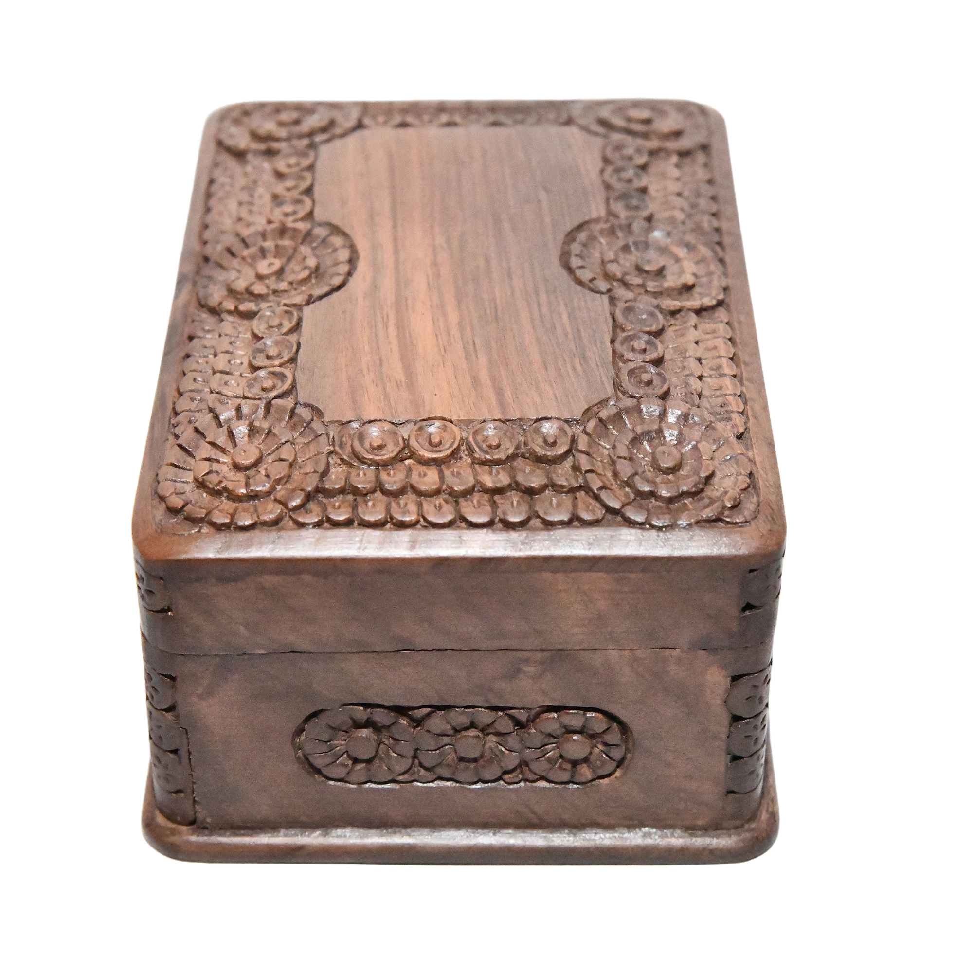 Handmade Kashmiri walnut jewellery secret box. It's a small, intricately carved box made of walnut wood.