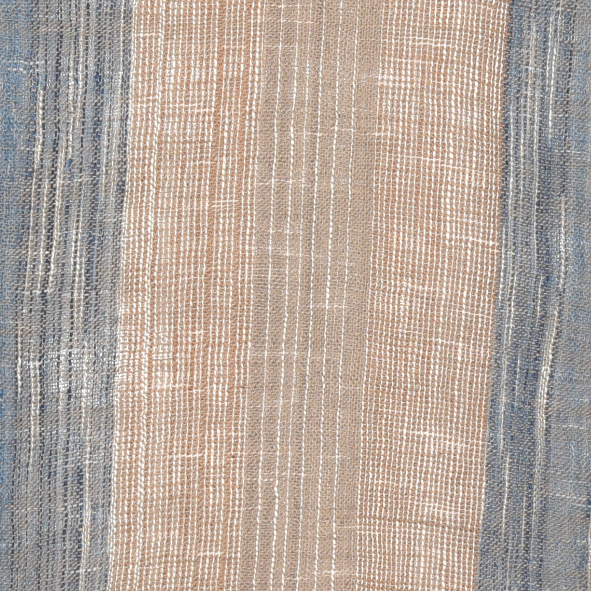 Hand-spun, hand-dyed, and hand-woven organic cotton scarf with brown, tan, indigo, and white stripes and tassels.