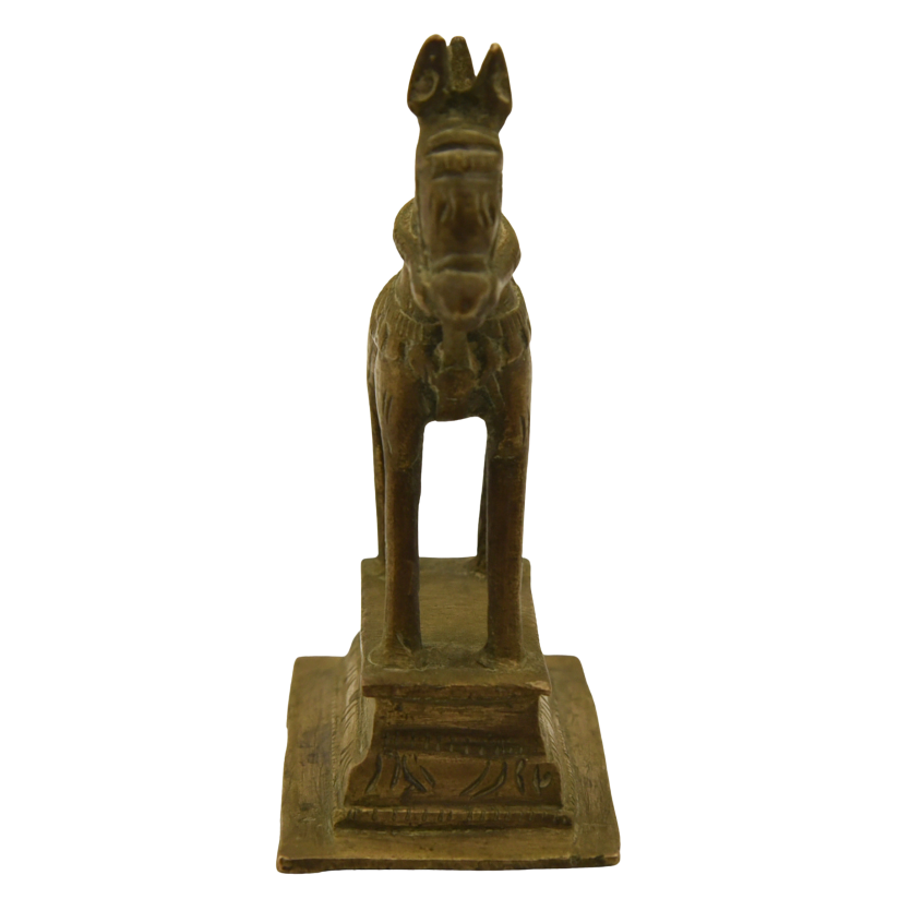 Handmade antique bronze horse statue from South India, Karnataka. Traditional Indian metal handicraft.
