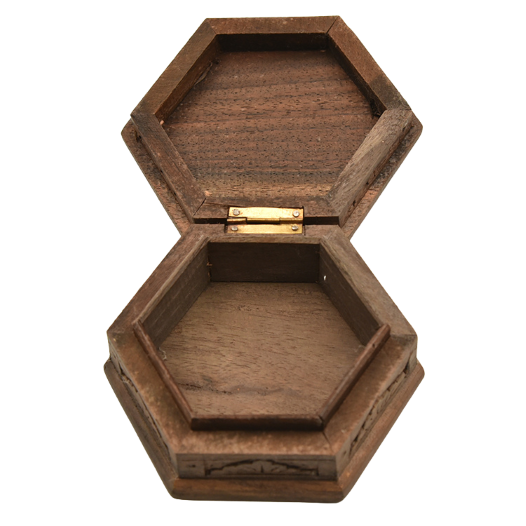 Hexagonal hand carved hinged trinket box open view.png