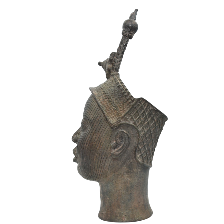 Bronze head of an Ife Queen, featuring intricate details and a crown, representing Benin artistry