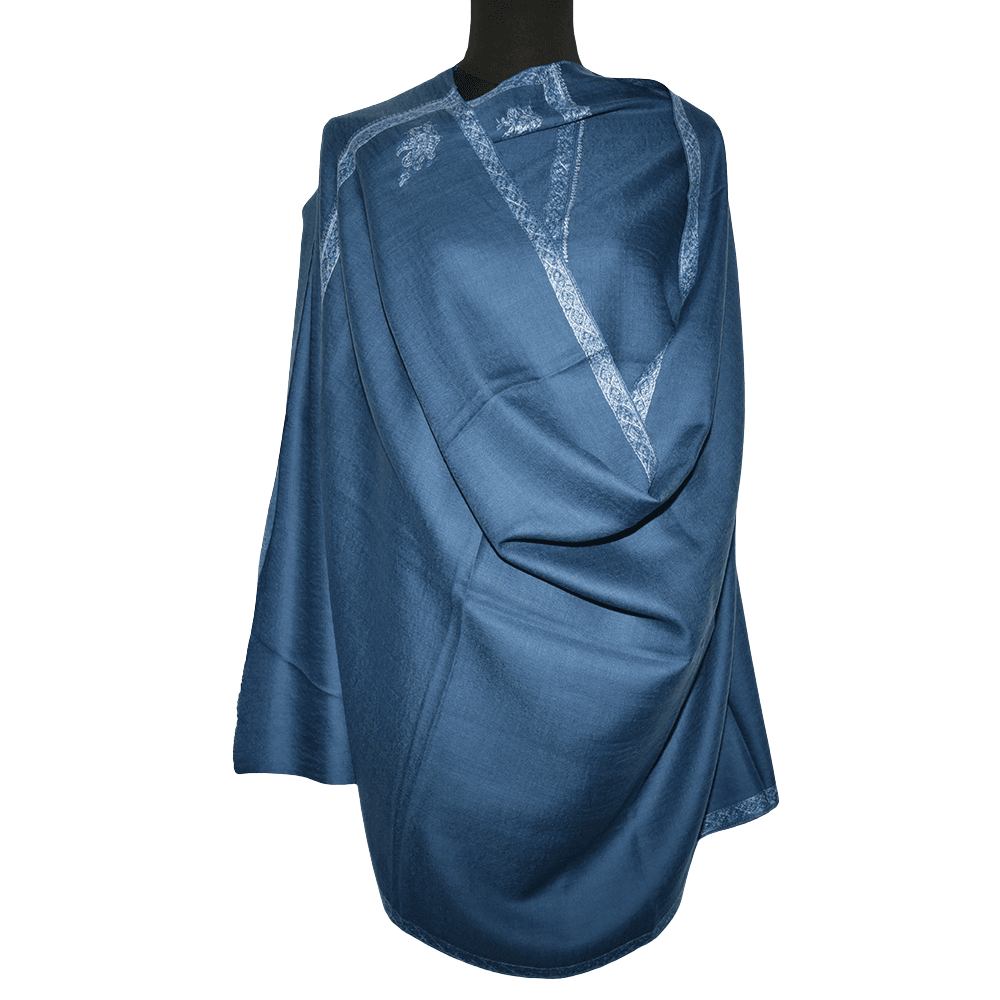Handwoven petrol blue Kashmir stole with silk embriodery
