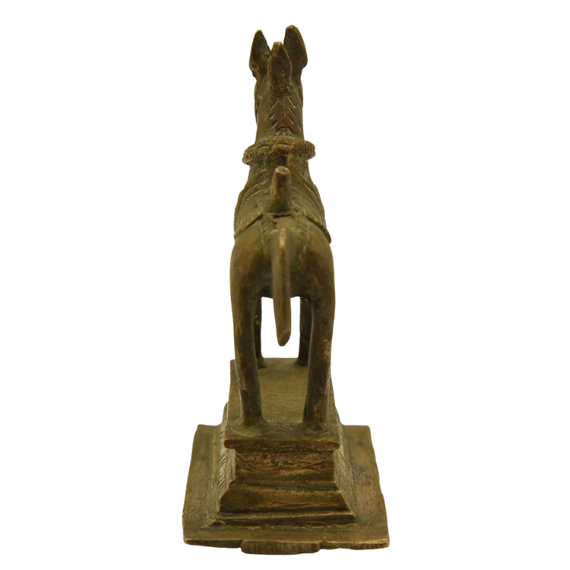 Handmade antique bronze horse statue from South India, Karnataka. Traditional Indian metal handicraft.