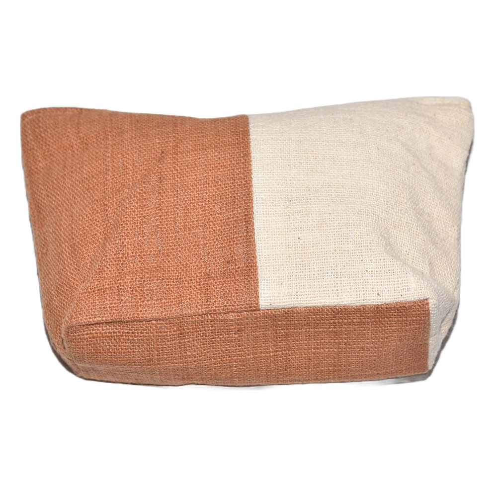 Hand-spun, hand-dyed, and hand-woven organic cotton makeup bag in white and brown, with a zip at the top. Measures 22cm L x 14cm H x 7cm W.