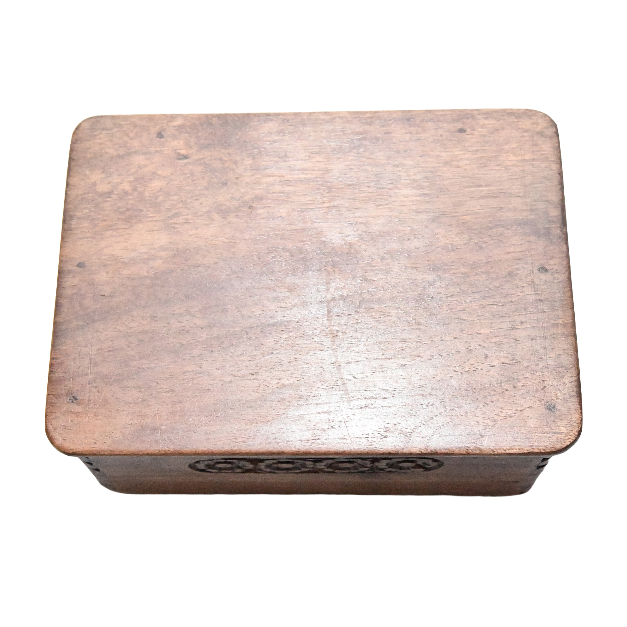 Handmade Kashmiri walnut jewellery secret box. It's a small, intricately carved box made of walnut wood.