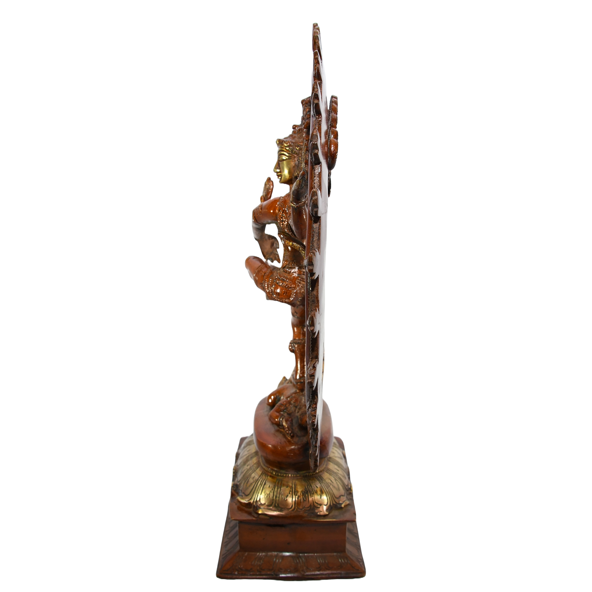 Alt text: Antique-finished cast brass statue of Shiva Nataraja, the Hindu god of dance. He's depicted in a dynamic pose, surrounded by flames.