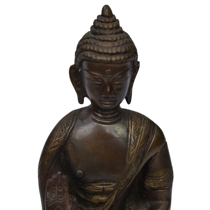Antique brass Medicine Buddha statue 18cm tall facing south.png