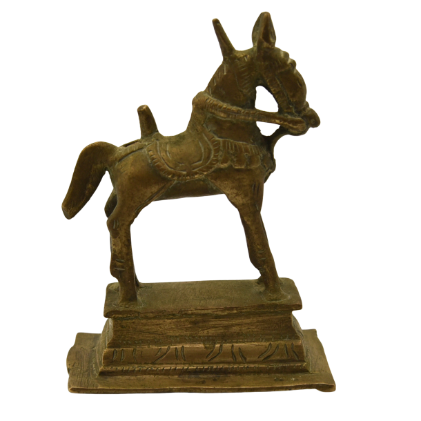 Handmade antique bronze horse statue from South India, Karnataka. Traditional Indian metal handicraft.
