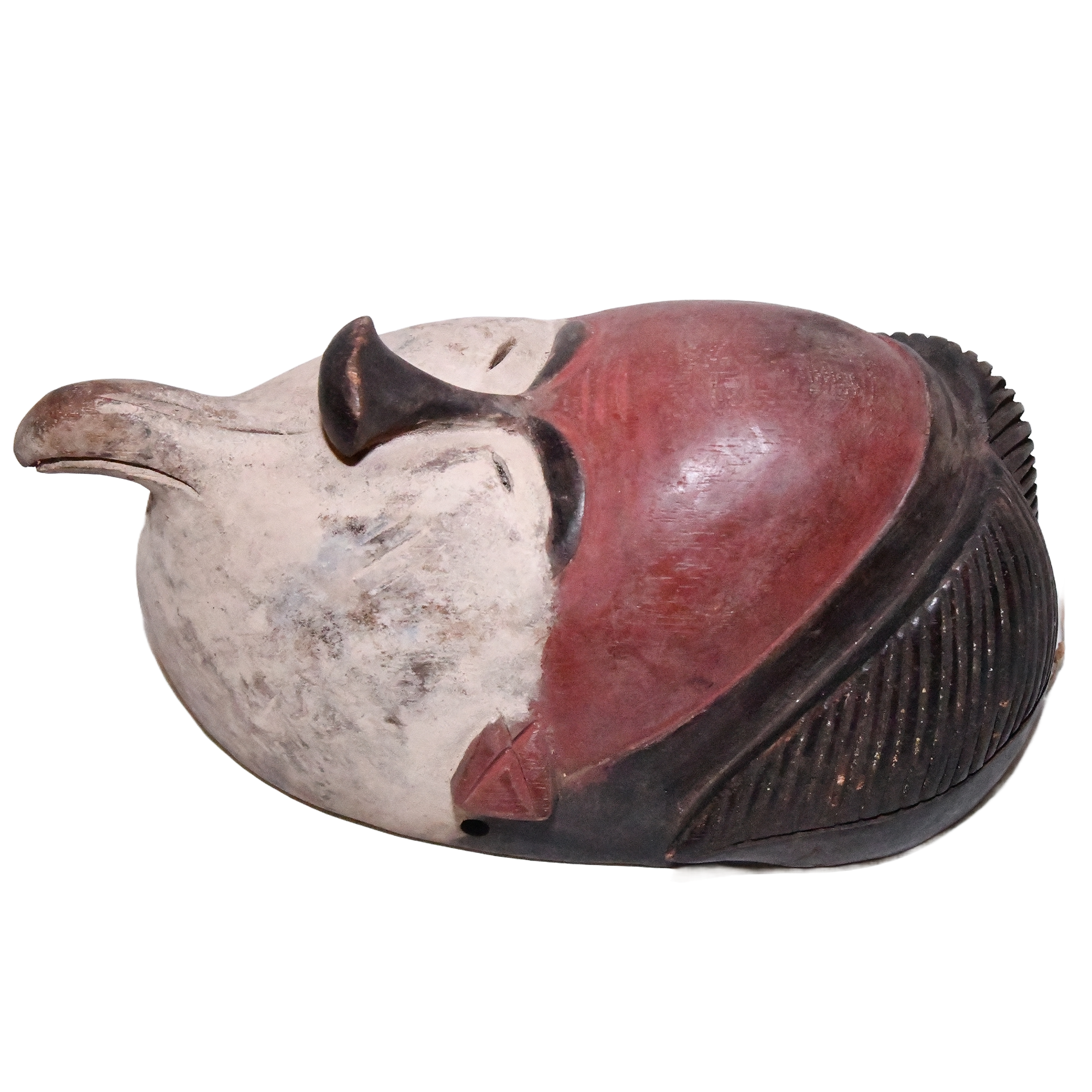 Early to mid-20th century Tsogo bird mask from Gabon, Central Africa. It's a wooden mask with a bird-like shape and intricate carvings.