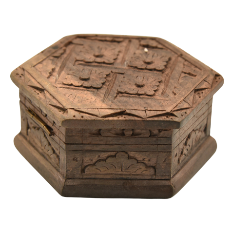 Hexagonal hand carved hinged trinket box