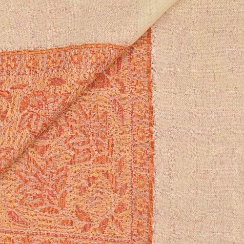 showing folded corner Kashmiri pure wool shawl cream with with multi coulour pattern.png