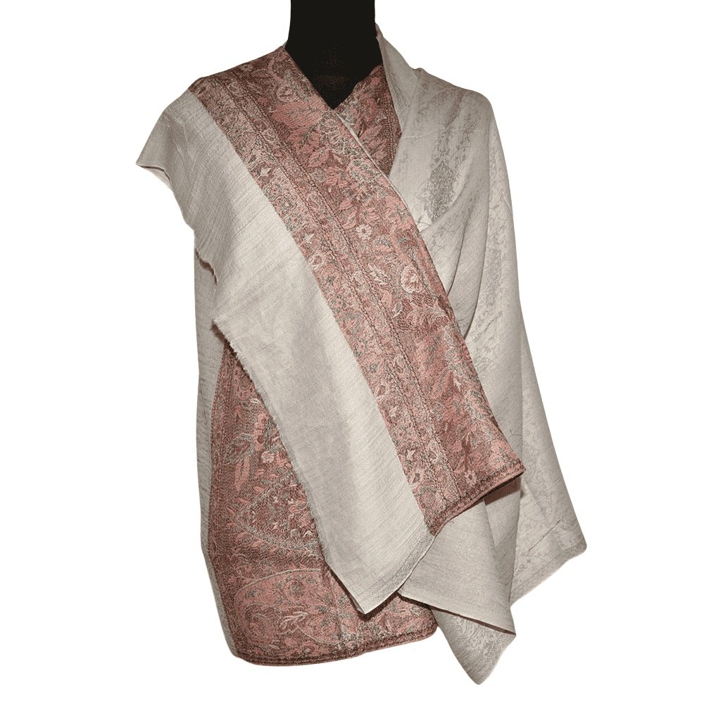 Hand woven Kashmir wool stole in Cream with a paisley panel at each end panel