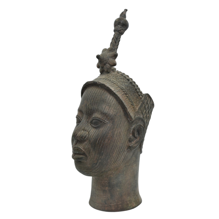 Bronze head of an Ife Queen, featuring intricate details and a crown, representing Benin artistry