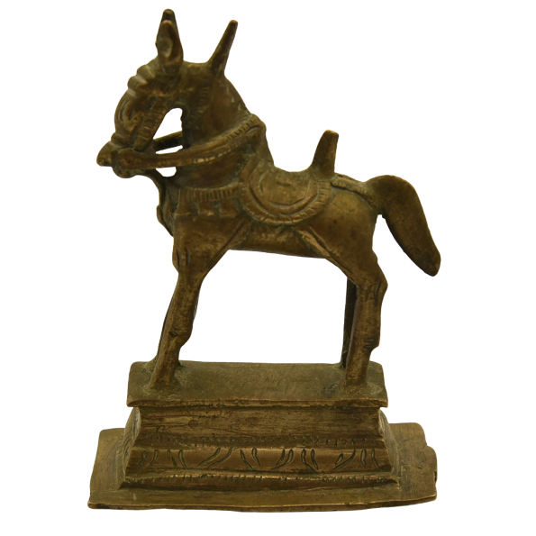 Handmade antique bronze horse statue from South India, Karnataka. Traditional Indian metal handicraft.