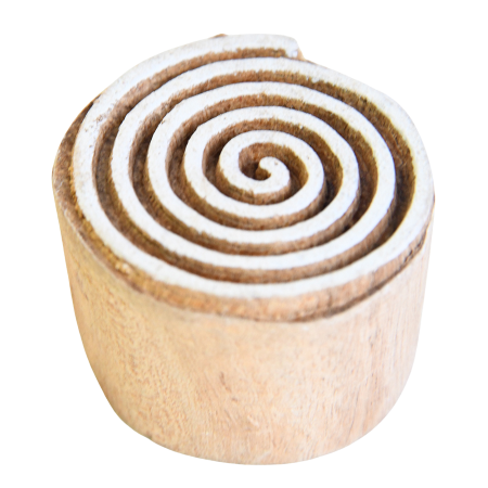 Small, hand-carved wooden Indian printing block with a spiral design