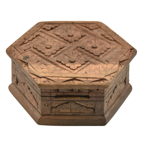 Hexagonal hand carved hinged trinket box