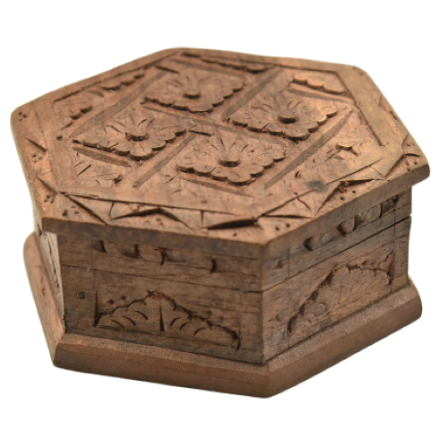 Hexagonal hand carved hinged trinket box front view.png