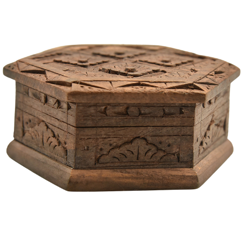 Hexagonal hand carved hinged trinket box view of side .png