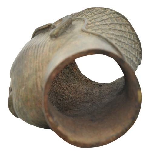 Detailed bronze sculpture of a woman's head with a crown, depicting an Ife Queen from Benin's rich cultural heritage.