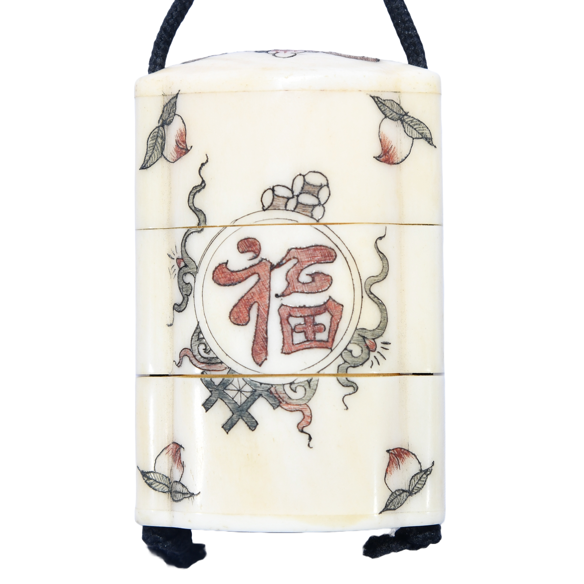 A meticulously crafted Japanese bone inro with two compartments, featuring Japanese calligraphy and an A ojime fastener.