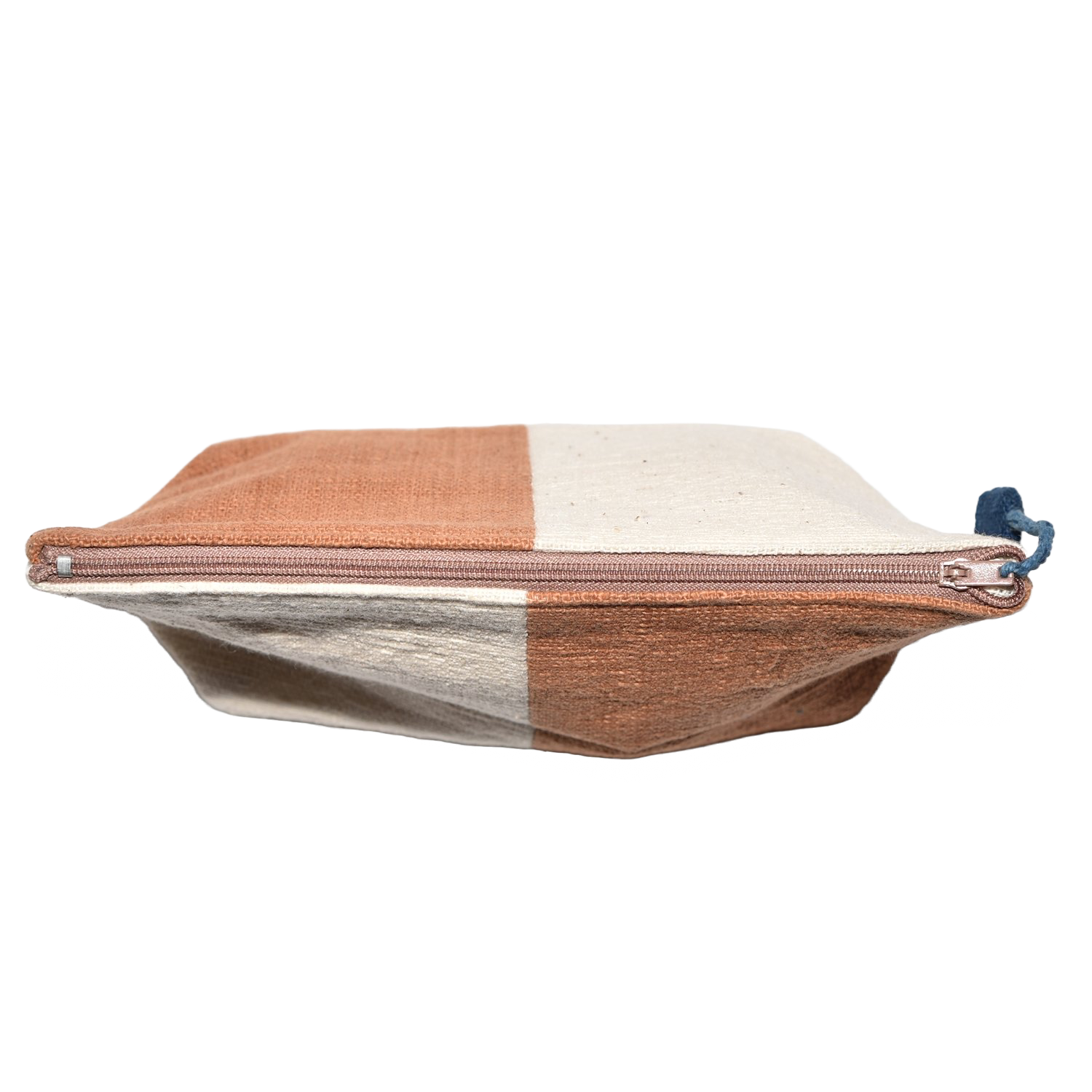 Hand-spun, hand-dyed, and hand-woven organic cotton makeup bag in white and brown, with a zip at the top. Measures 22cm L x 14cm H x 7cm W.