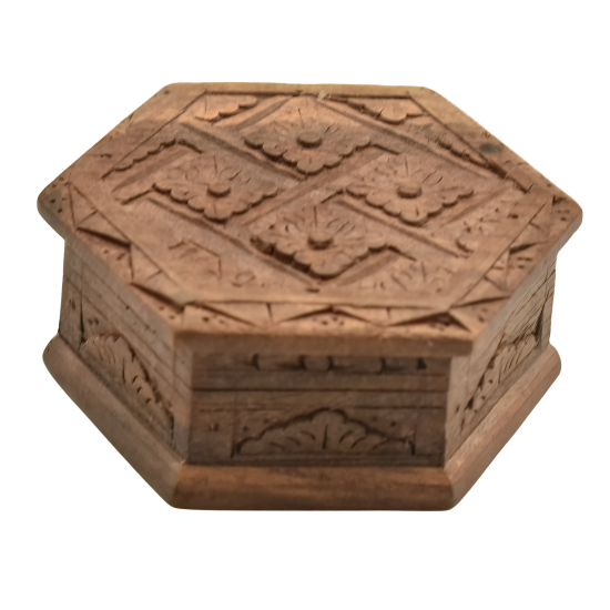 Hexagonal hand carved hinged trinket box front view from top.png