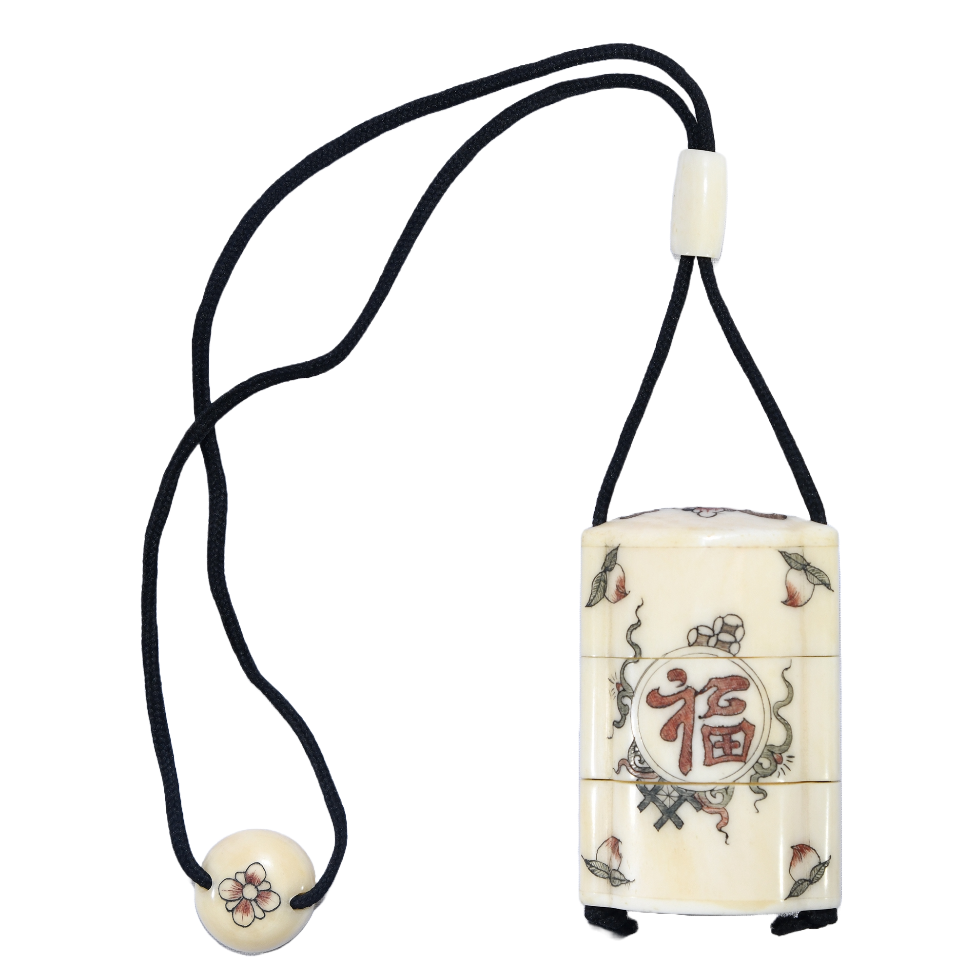 A meticulously crafted Japanese bone inro with two compartments, featuring Japanese calligraphy and an A ojime fastener.