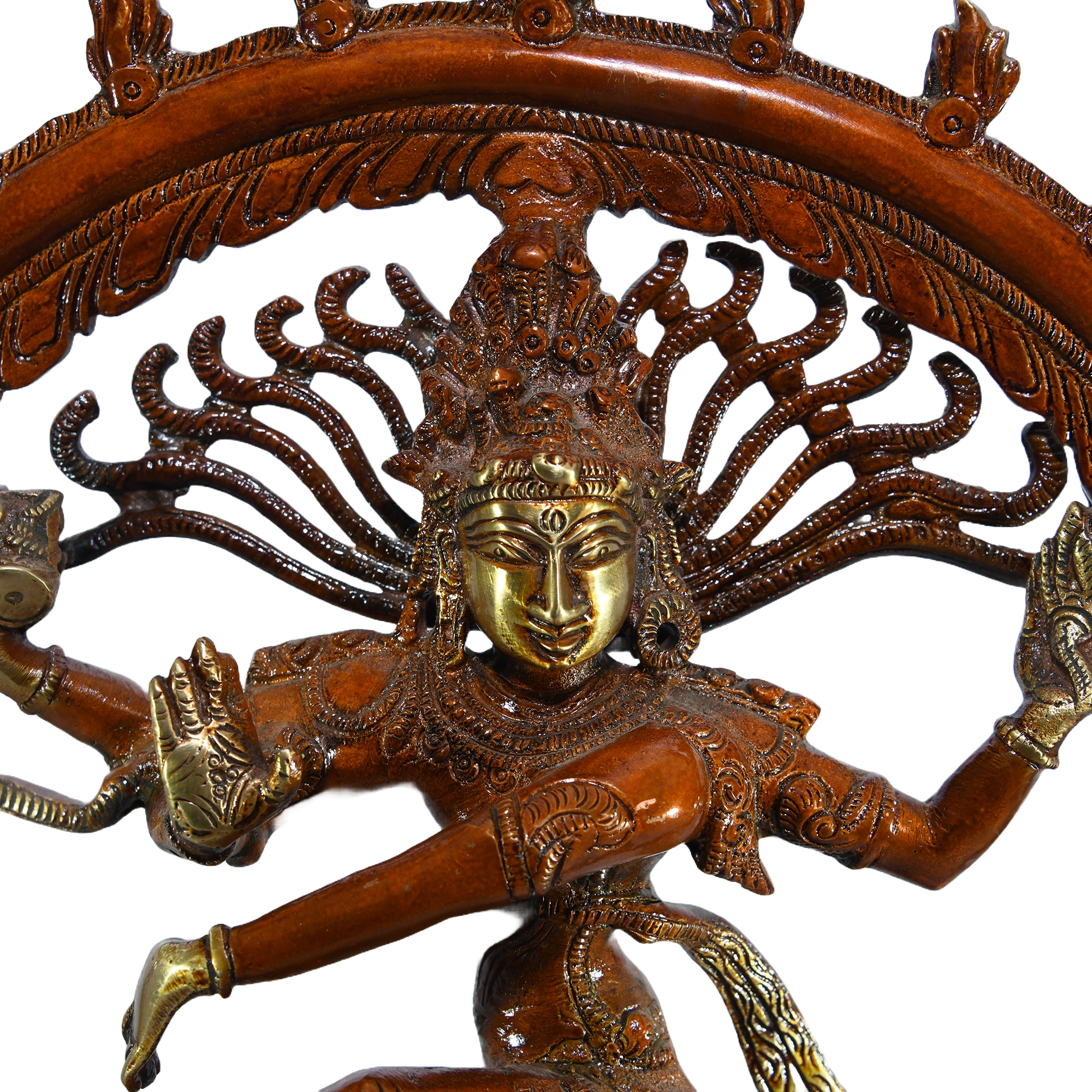 Alt text: Antique-finished cast brass statue of Shiva Nataraja, the Hindu god of dance. He's depicted in a dynamic pose, surrounded by flames.